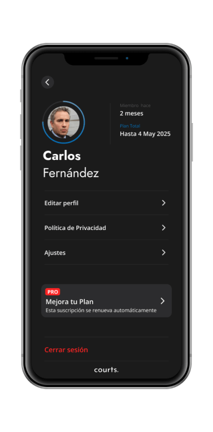 Mockup de la app de Courts en un iPhone